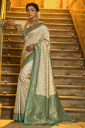 Cream & Green Banarasi Silk Saree With Blouse Piece - EZBER