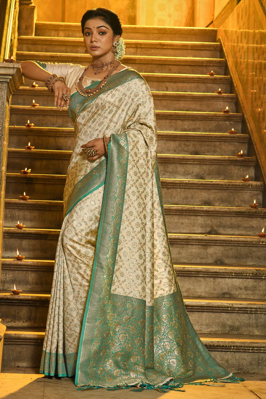 Cream & Green Banarasi Silk Saree With Blouse Piece - EZBER