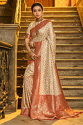 Cream & Red Banarasi Silk Saree With Blouse Piece - EZBER