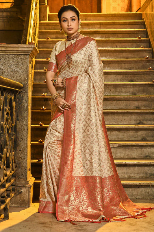 Cream & Red Banarasi Silk Saree With Blouse Piece - EZBER