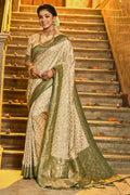 Cream & Green Banarasi Silk Saree With Blouse Piece - EZBER