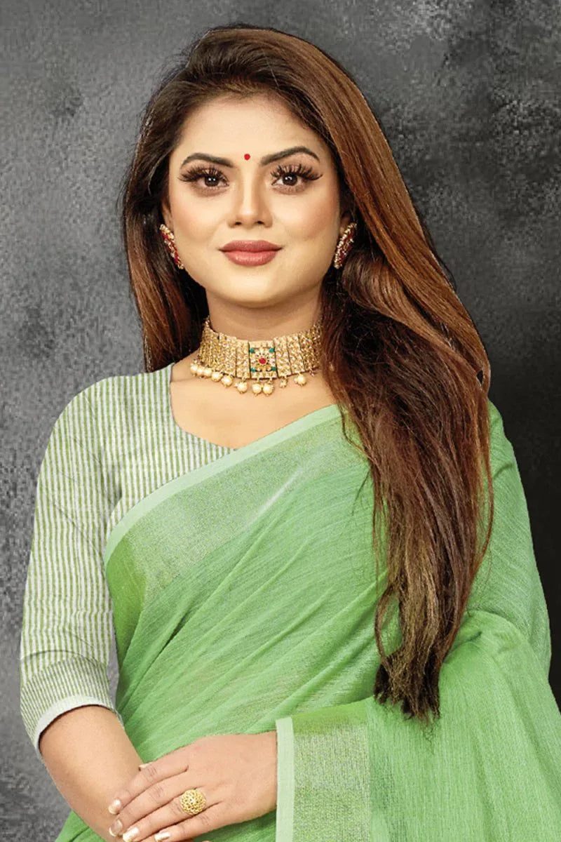 Mint Green Linen Blend Saree - EZBER