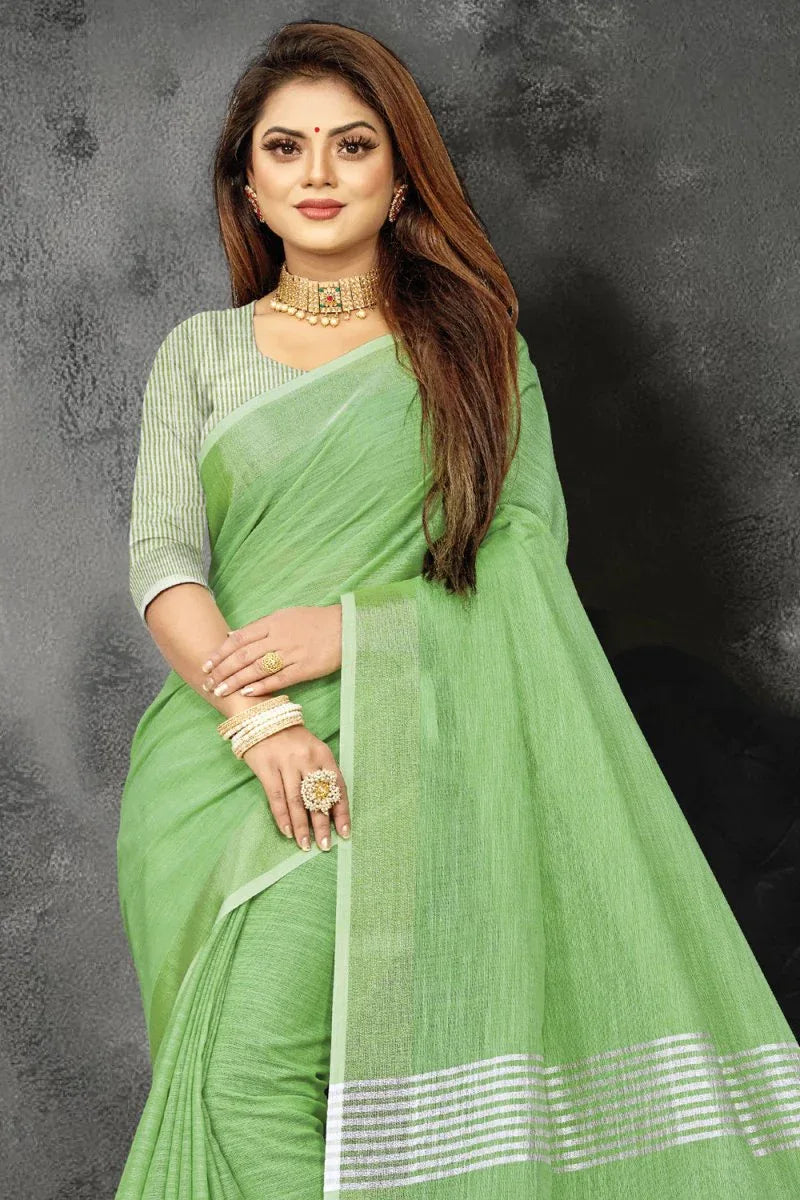 Mint Green Linen Blend Saree - EZBER