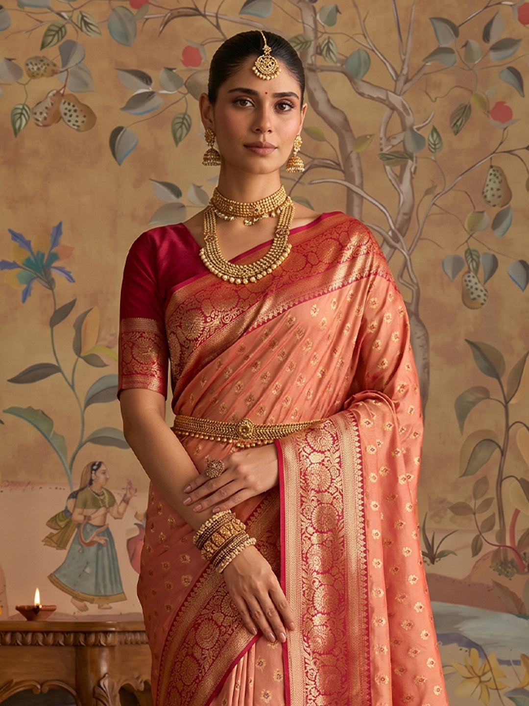 Peach & Red SIlk Kanjeevaram Saree | EZB SI04 MISUVNT5136