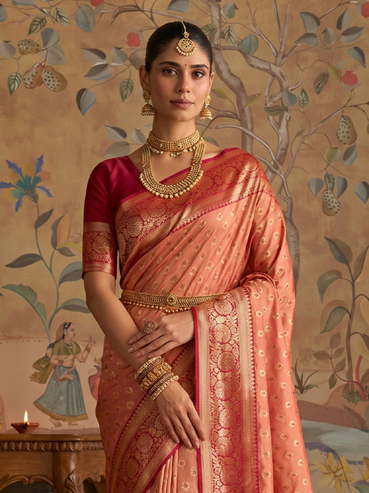 Peach & Red SIlk Kanjeevaram Saree | EZB SI04 MISUVNT5136