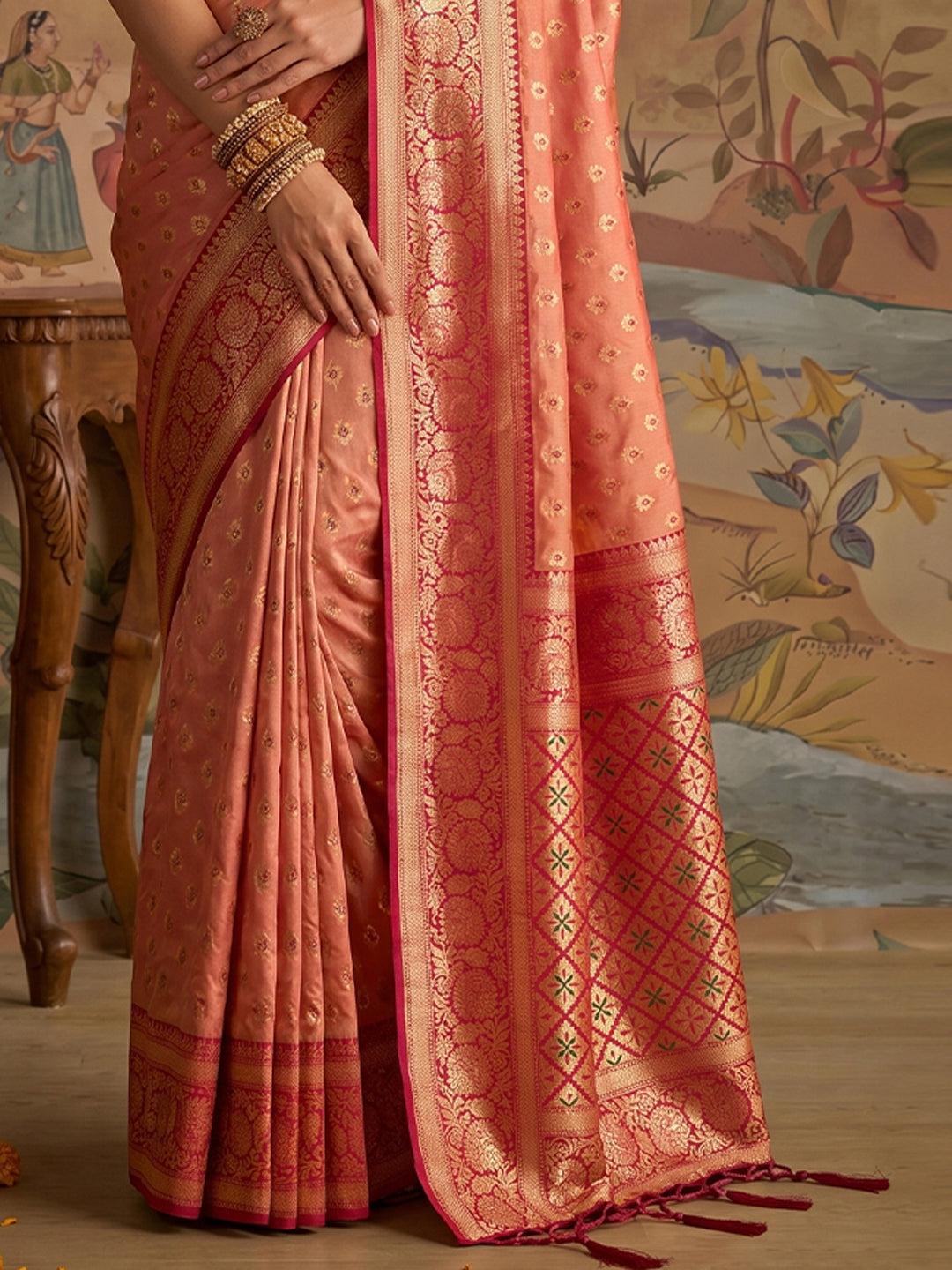 Peach & Red SIlk Kanjeevaram Saree | EZB SI04 MISUVNT5136
