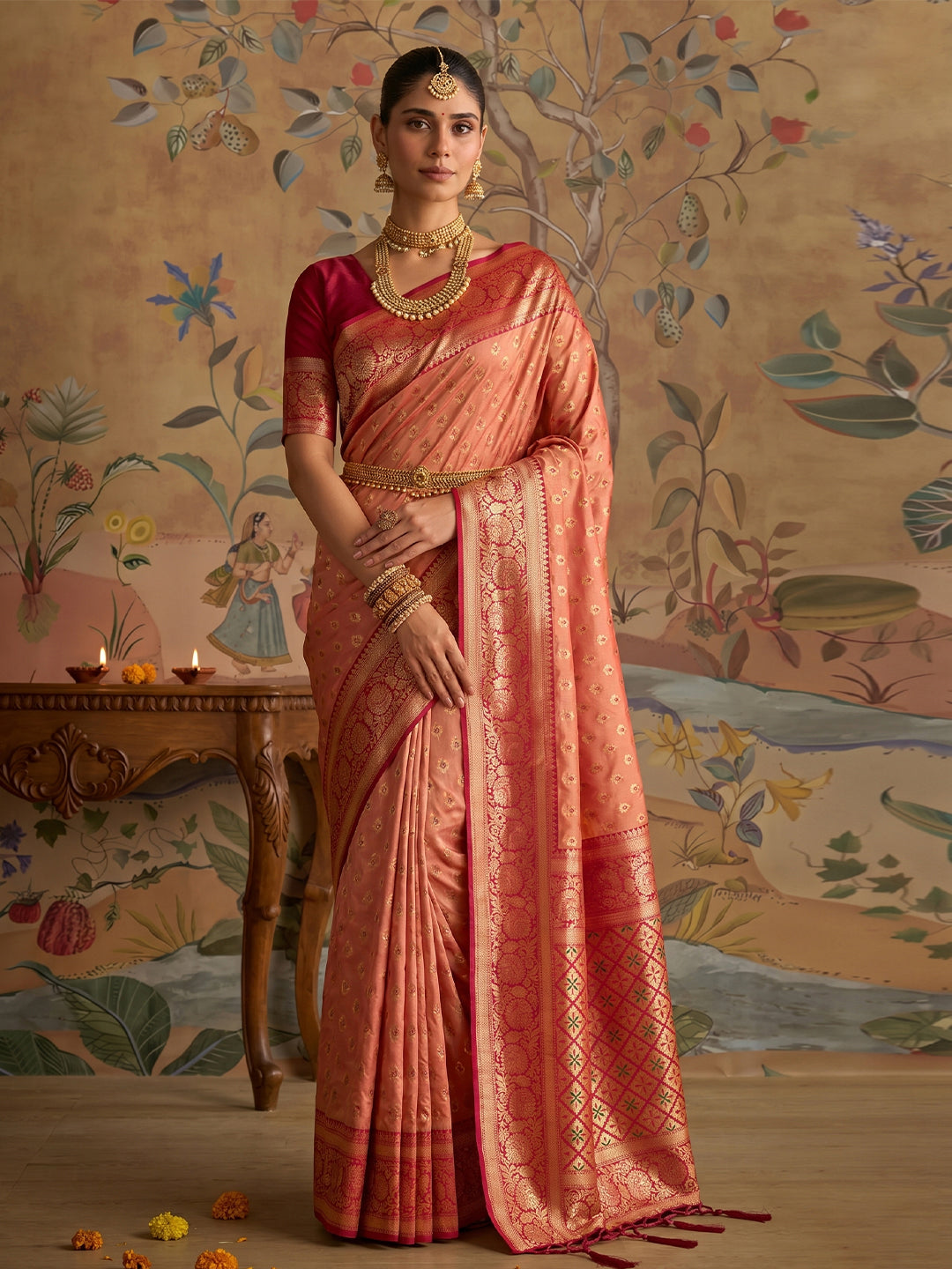 Peach & Red SIlk Kanjeevaram Saree | EZB SI04 MISUVNT5136