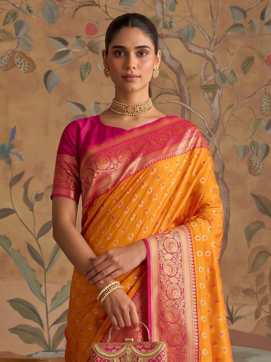 Mustard & Pink SIlk Kanjeevaram Saree | EZB SI04 MISUVNT5139