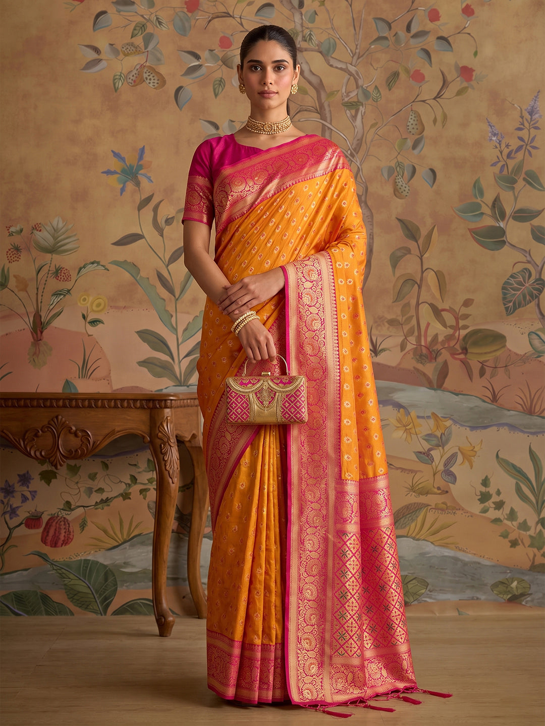 Mustard & Pink SIlk Kanjeevaram Saree | EZB SI04 MISUVNT5139