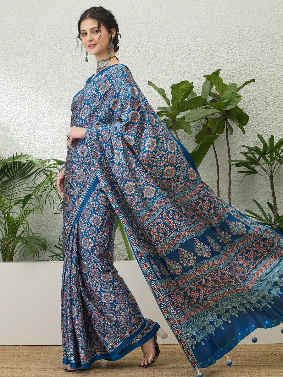 Modal Blue Printed Saree | EZB GF02 LUX 16003 - EZBER