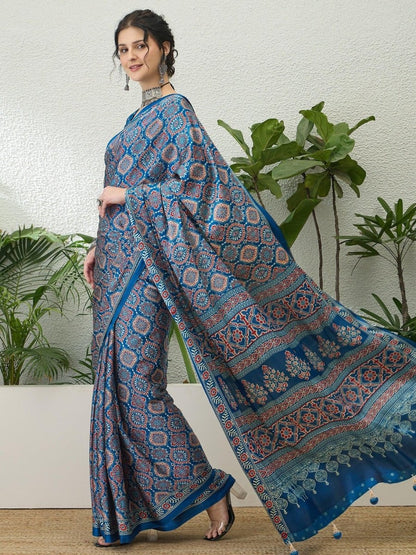 Modal Blue Printed Saree | EZB GF02 LUX 16003 - EZBER