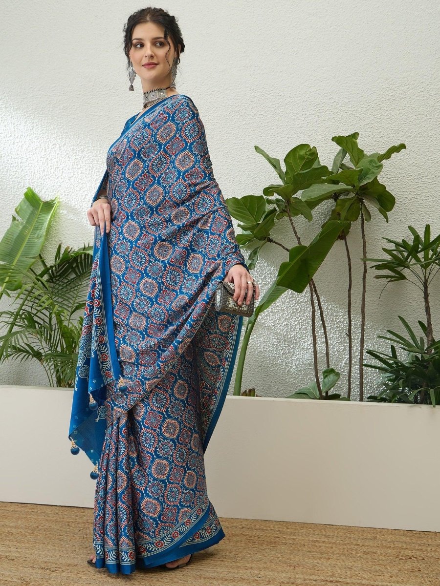 Modal Blue Printed Saree | EZB GF02 LUX 16003 - EZBER