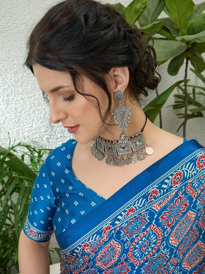 Modal Blue Printed Saree | EZB GF02 LUX 16003 - EZBER