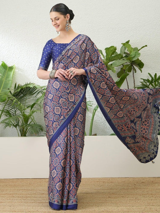 Modal Blue Printed Saree | EZB GF02 LUX 16005 - EZBER