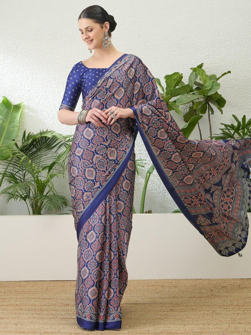 Modal Blue Printed Saree | EZB GF02 LUX 16005 - EZBER