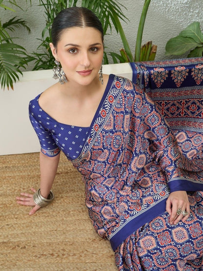 Modal Blue Printed Saree | EZB GF02 LUX 16005 - EZBER