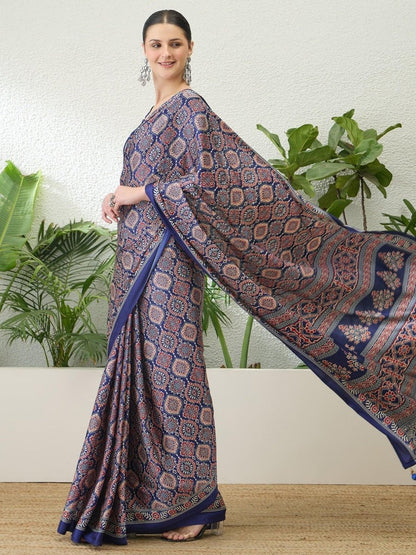 Modal Blue Printed Saree | EZB GF02 LUX 16005 - EZBER
