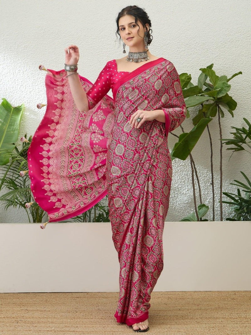 Modal Pink Printed Saree | EZB GF02 LUX 16004 - EZBER