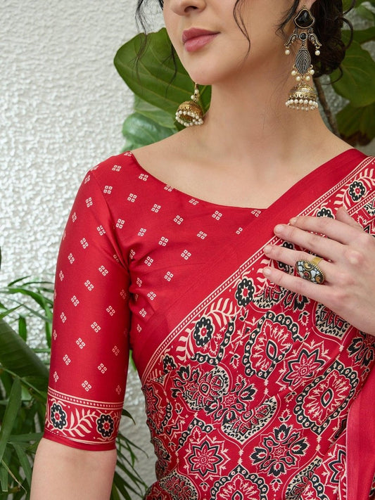 Modal Red Printed Saree | EZB GF02 LUX 16001 - EZBER