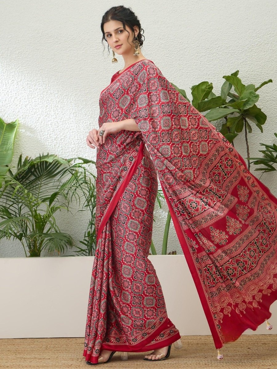 Modal Red Printed Saree | EZB GF02 LUX 16001 - EZBER