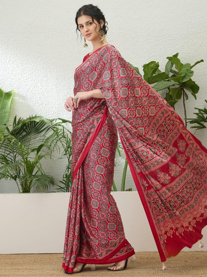 Modal Red Printed Saree | EZB GF02 LUX 16001 - EZBER