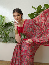 Modal Red Ajrakh Print Saree | EZB GF02 LUX 16001