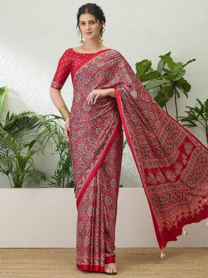 Modal Red Printed Saree | EZB GF02 LUX 16001 - EZBER