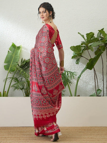 Modal Red Printed Saree | EZB GF02 LUX 16001 - EZBER