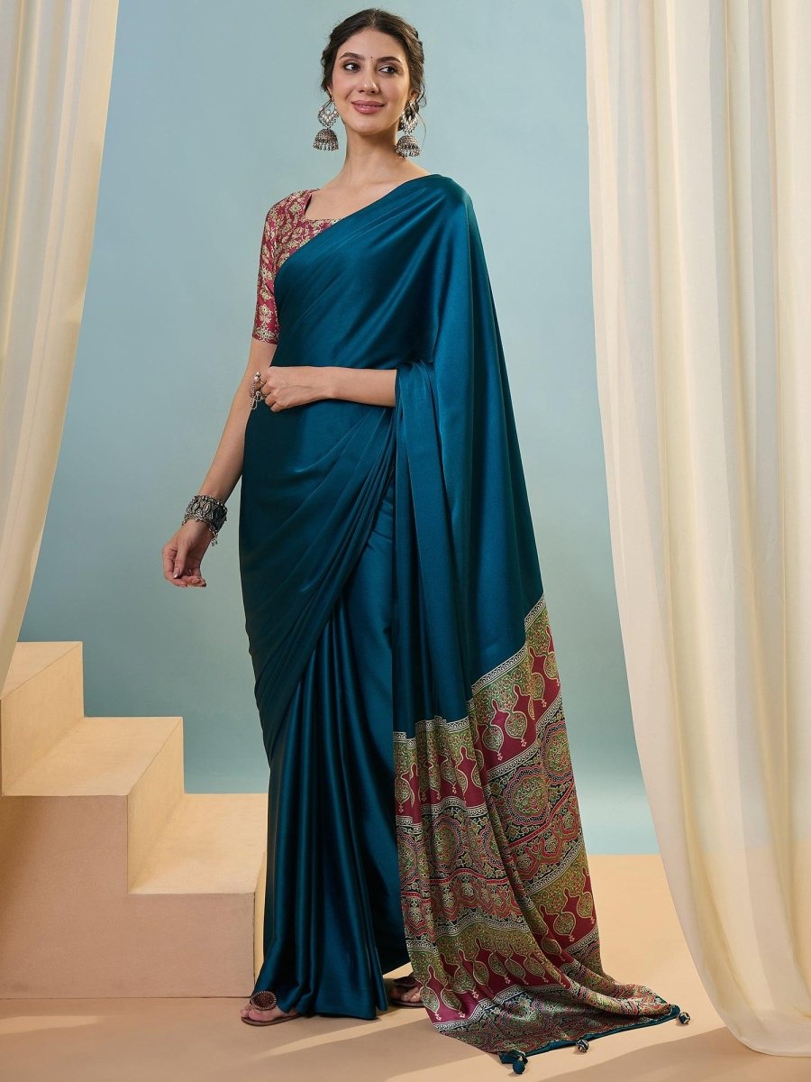 Modal Teal Printed Saree | EZB GF02 LUX 22001 - EZBER