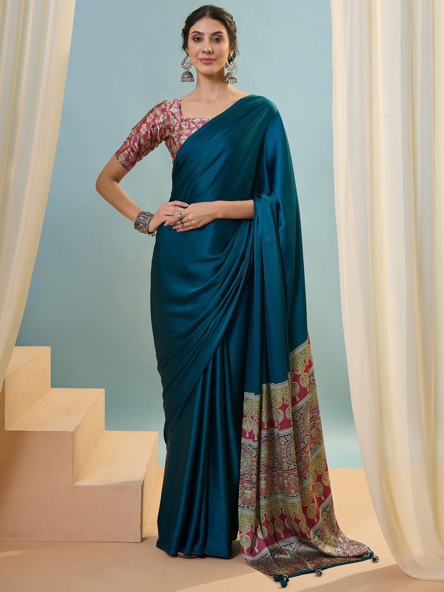 Modal Teal Printed Saree | EZB GF02 LUX 22001 - EZBER