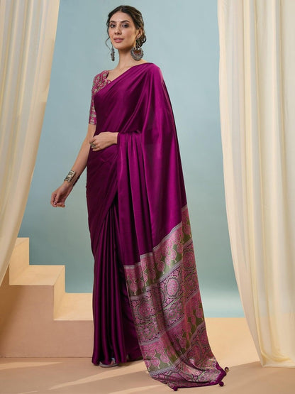 Modal Wine Printed Saree | EZB GF02 LUX 22005 - EZBER
