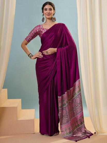 Modal Wine Printed Saree | EZB GF02 LUX 22005 - EZBER