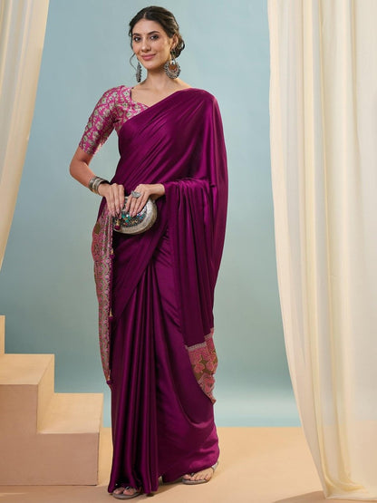 Modal Wine Printed Saree | EZB GF02 LUX 22005 - EZBER