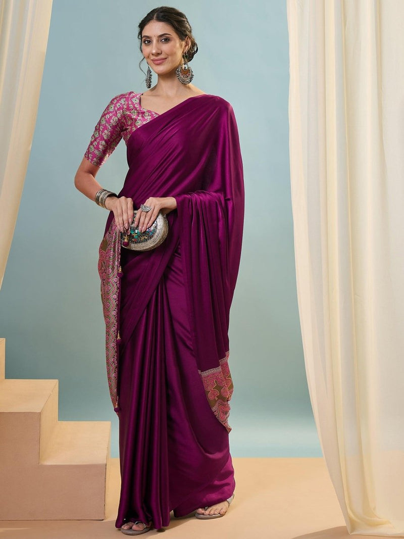 Modal Wine Printed Saree | EZB GF02 LUX 22005 - EZBER
