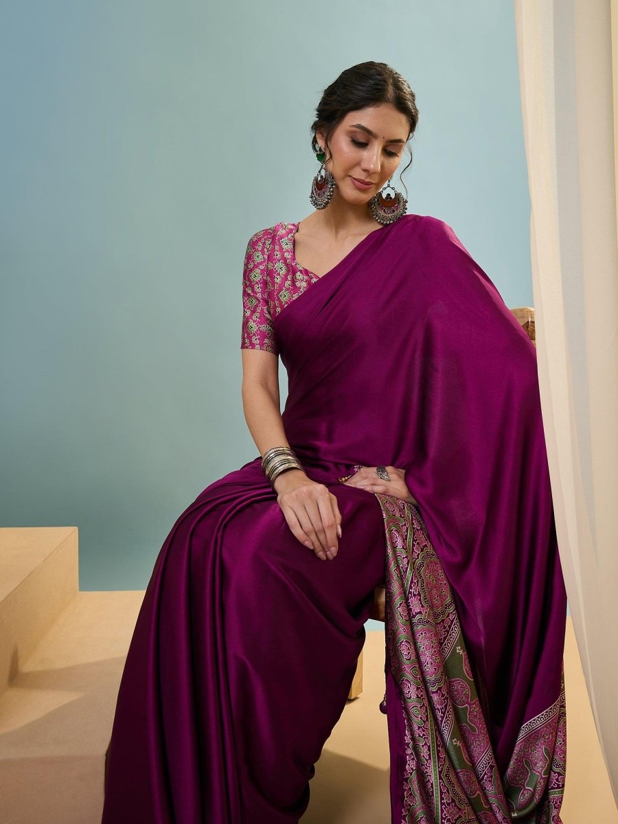 Modal Wine Printed Saree | EZB GF02 LUX 22005 - EZBER