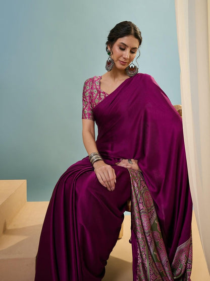 Modal Wine Printed Saree | EZB GF02 LUX 22005 - EZBER
