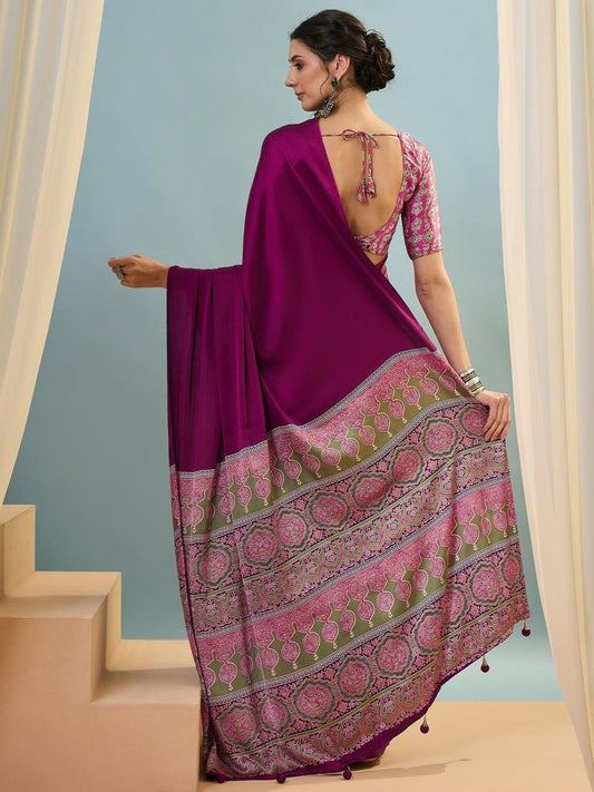 Modal Wine Printed Saree | EZB GF02 LUX 22005 - EZBER