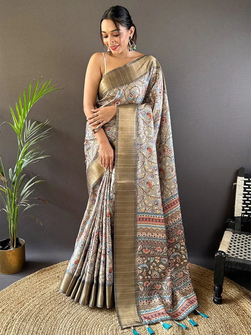 Multi Color Tussar Silk Saree With Blouse Piece - EZBER