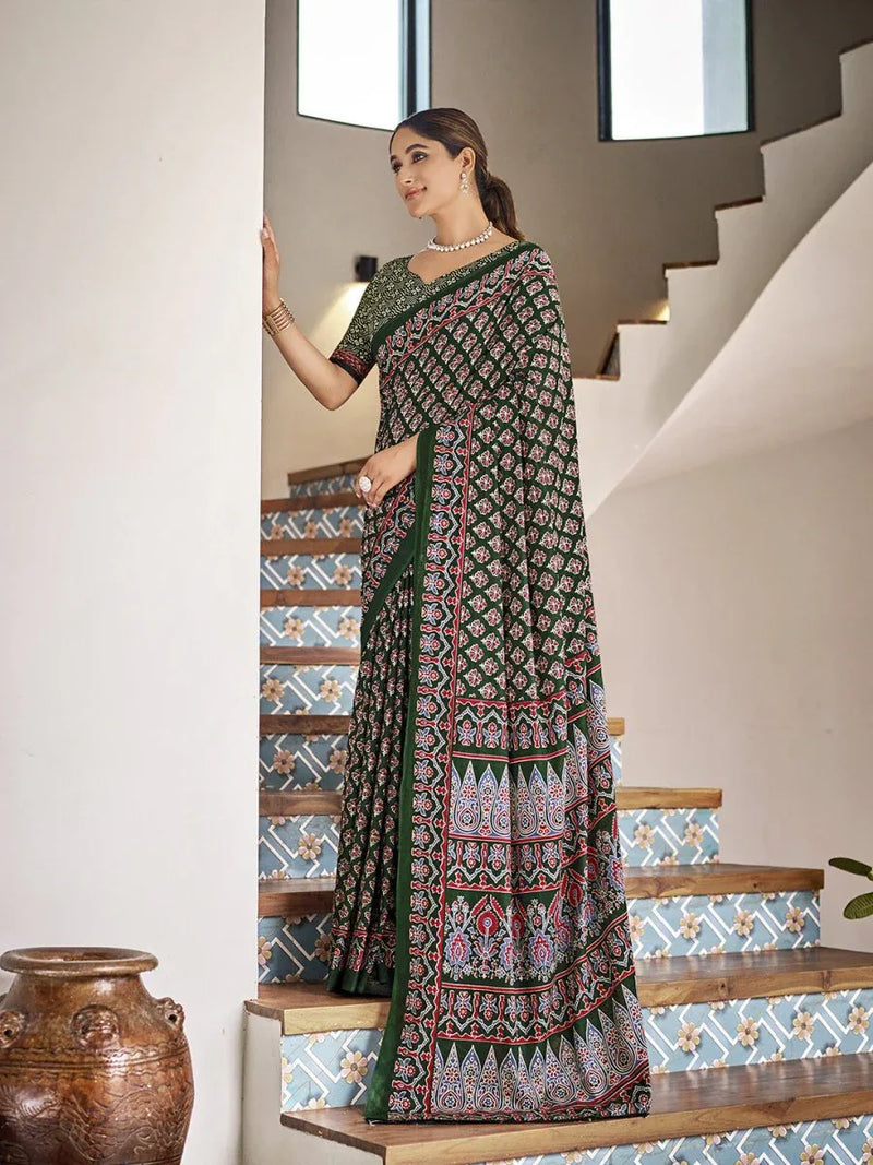 Multi Colour Mulmul Cottons Saree With Blouse Piece - EZBER