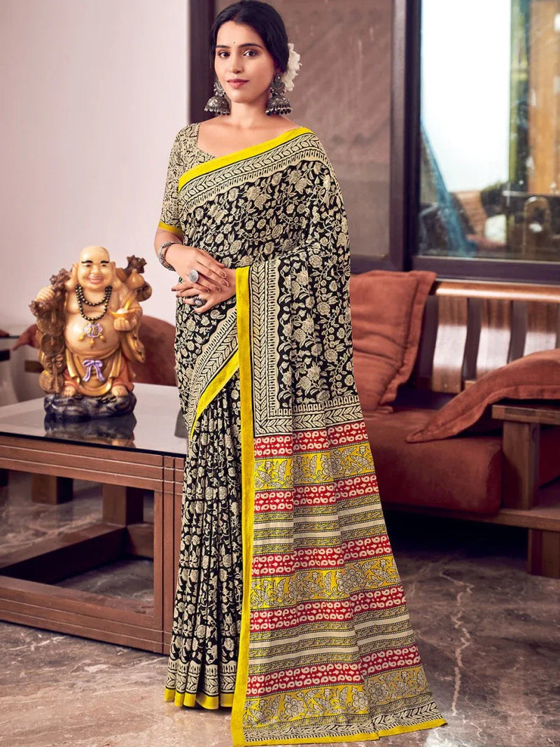 Multi Colour Mulmul Cottons Saree With Blouse Piece - EZBER