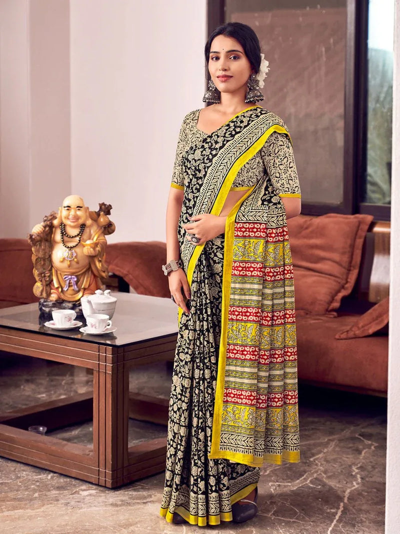 Multi Colour Mulmul Cottons Saree With Blouse Piece - EZBER