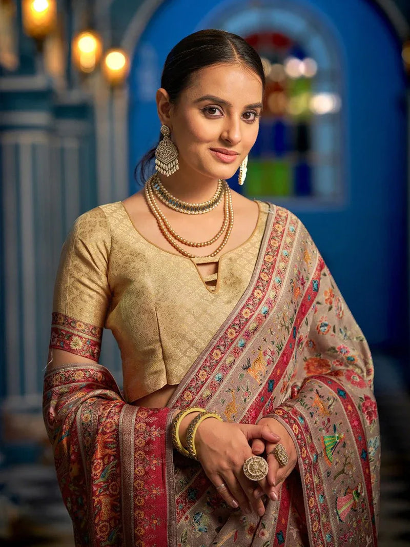 Multi Pashmina Soft Silk Festive Wear Saree With Blouse Piece - EZBER