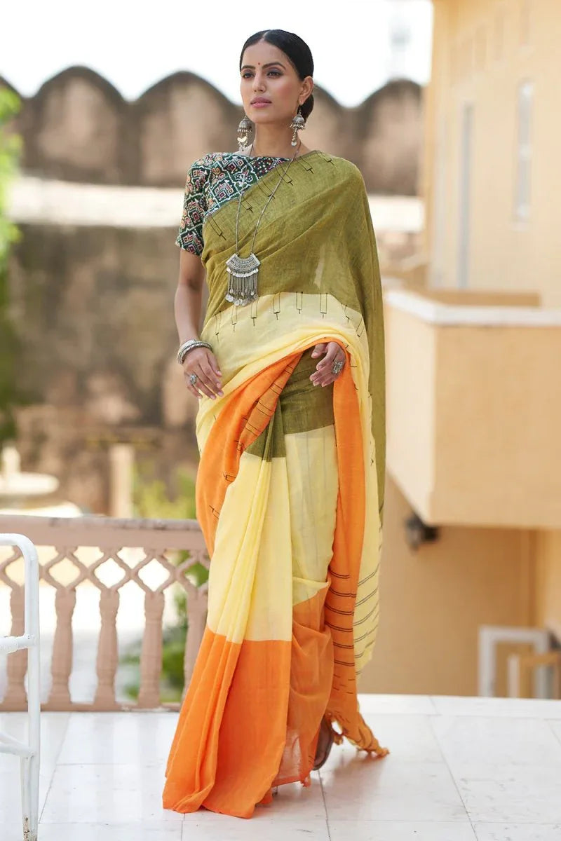 Multicolor Mulmul Cotton Saree - EZBER