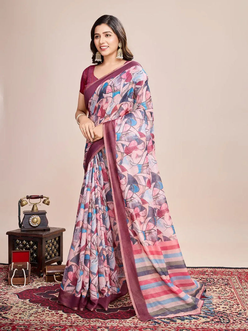 Multicolour Linen Blend Saree With Blouse Piece - EZBER