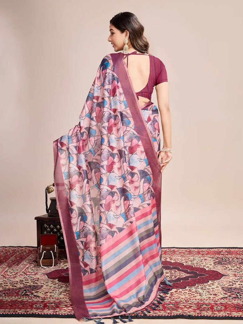 Multicolour Linen Blend Saree With Blouse Piece - EZBER