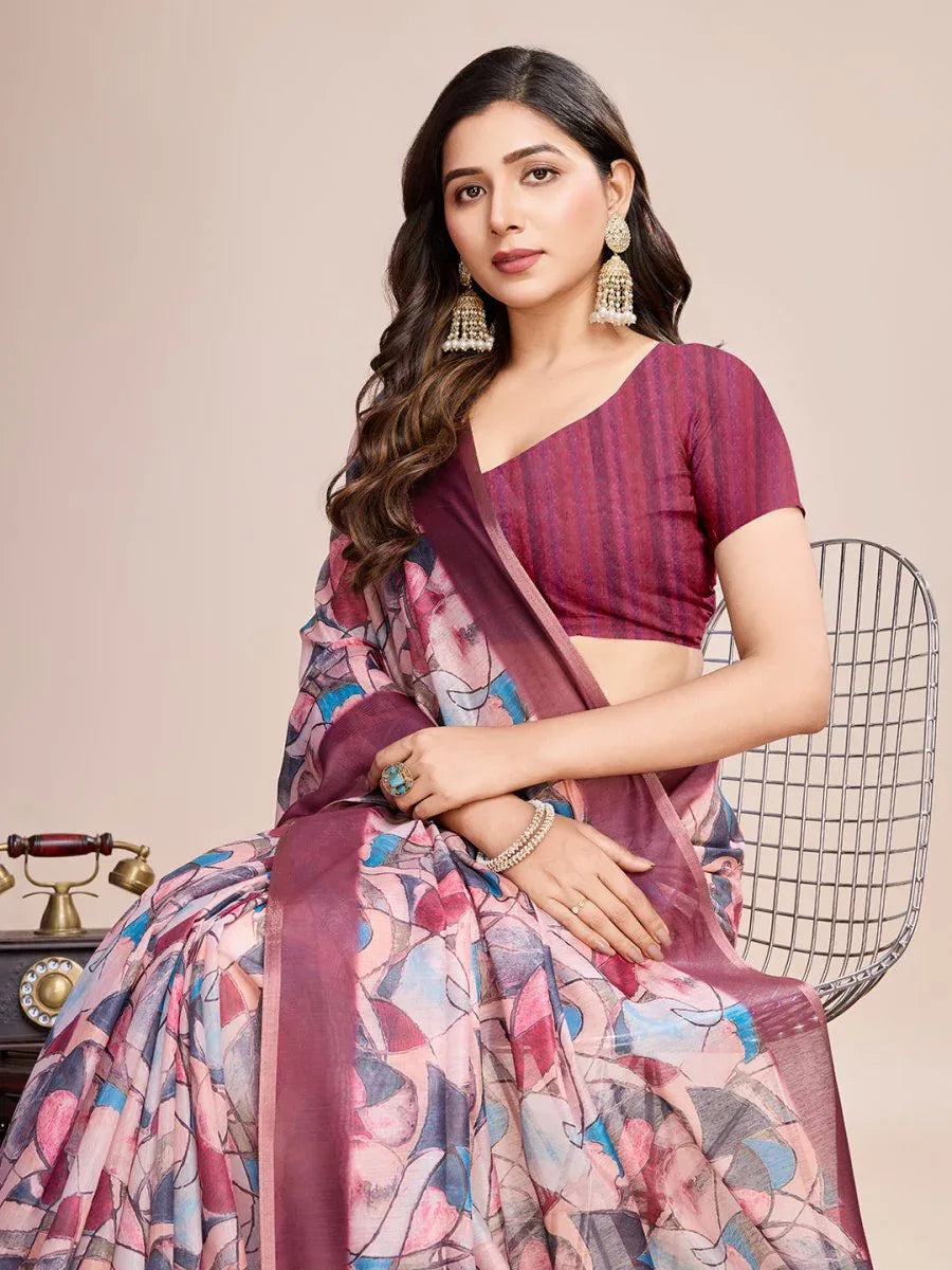 Multicolour Linen Blend Saree With Blouse Piece - EZBER