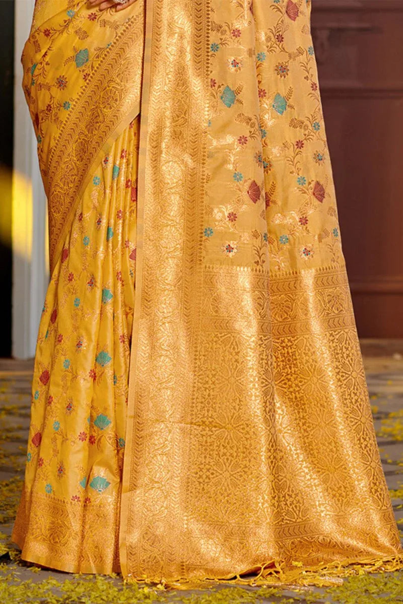 Mustard Banarasi Silk Saree With Blouse Piece - EZBER