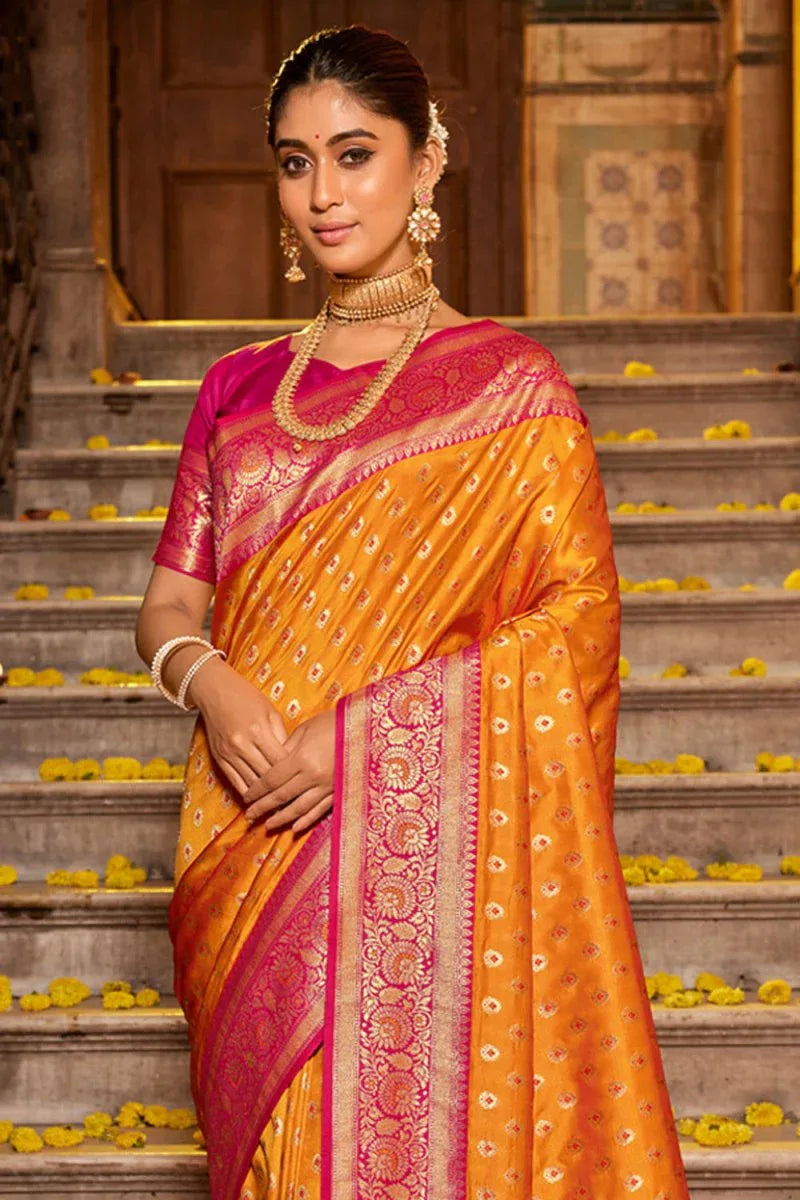 Mustard Banarasi Silk Saree With Blouse Piece - EZBER