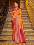 Mustard Banarasi silk Saree With Blouse Piece - EZBER