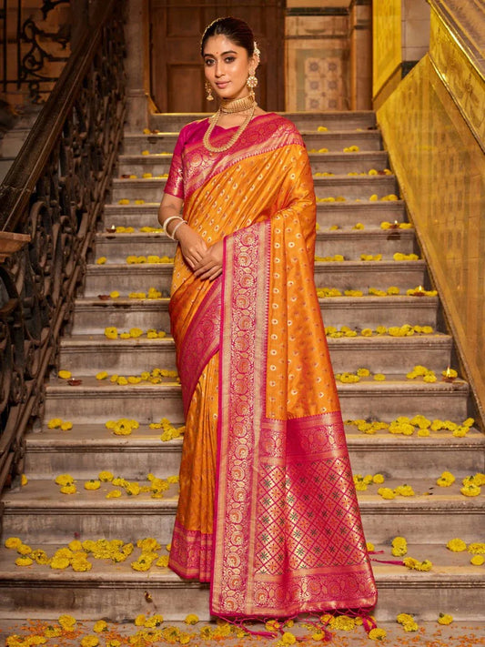 Mustard Banarasi silk Saree With Blouse Piece - EZBER